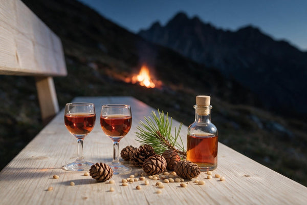Zwei Gläser rotbrauner Zirbenschnaps und eine Karaffe auf einer Holzbank, davor braune Zirbenzapfen, ausgelöste Zirbenkerne und ein Kiefernzweig, im Hintergrund ein Bergfeuer in der Dämmerung