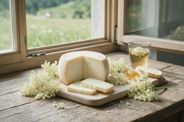 Kleiner angeschnittener Käselaib mit zwei Scheiben auf einem Holzbrett am Fenster, ringsum frische Holunderblütendolden, dazu ein Glas Holunderblütensirup und helles Brot