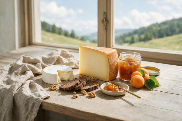 Marillen-Chutney im Glas neben einem Stück Bergkäse mit orangebrauner Rinde, Weißschimmelkäse, Roggenbrotscheiben, Walnüssen und frischen Marillen auf einem Holztisch am Fenster