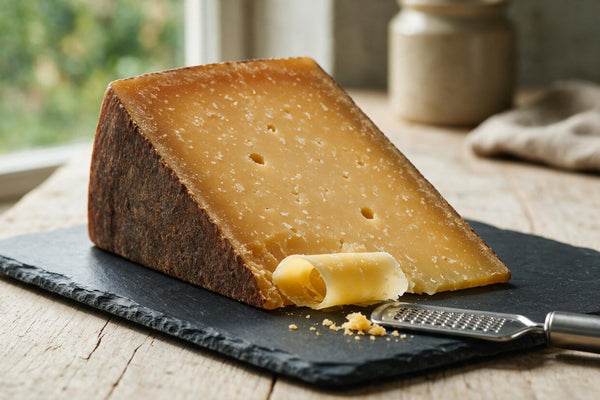 Angeschnittenes Stück Bergkäse auf einer Schieferplatte: bernsteinfarbener Teig mit deutlich sichtbaren weißen Kristallen und dunkler Naturrinde, davor eine gehobelte Käserolle und ein Käsehobel