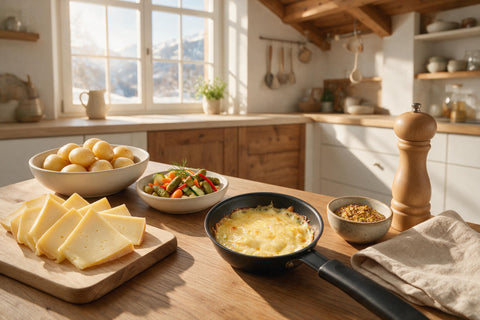Gedeckter Tisch für einen Raclette-Abend: aufgeschnittener Schnittkäse auf einem Holzbrett, Erdäpfel in einer Keramikschüssel, Sauergemüse, ein Pfännchen mit goldbraun geschmolzenem Käse und grobkörniger Senf, dahinter ein Fenster mit verschneiten Bergen