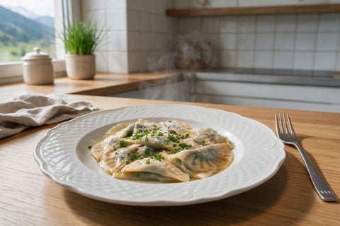 Schlutzkrapfen auf einem weißen Teller: dünne Halbmonde, durch die die Spinatfüllung schimmert, mit brauner Butter, Schnittlauch und geriebenem Bergkäse