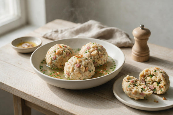 Drei Tiroler Semmelknödel mit sichtbaren Brotwürfeln und Speckstückchen in einer weißen Schale mit klarer Suppe und Schnittlauch, daneben ein aufgeschnittener Knödel auf einem Teller