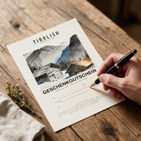 TIROLISH Geschenkgutschein wird von Hand ausgefüllt
